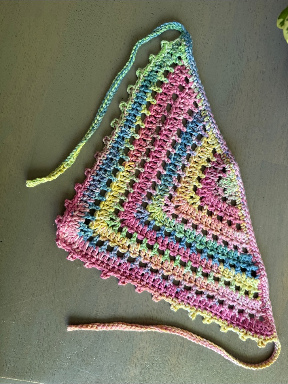 Handmade Crocheted Bandana Hair Scarf Kerchief in Pastel Rainbow 100% Cotton - Picture 3 of 7